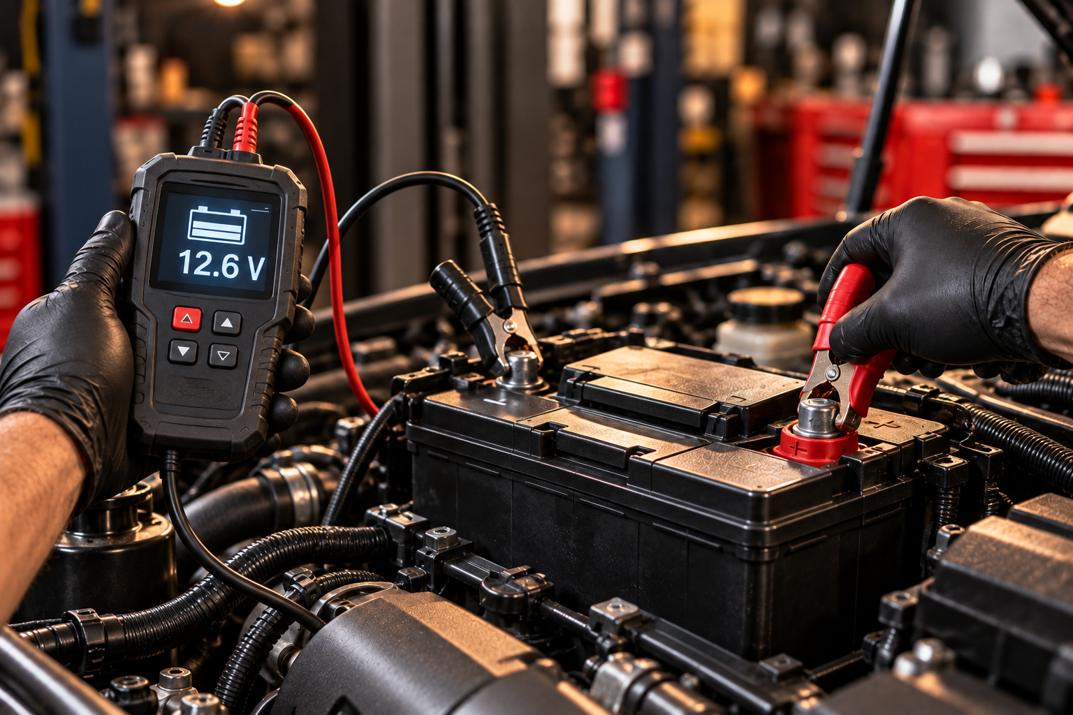 Mechanic replacing a car battery
