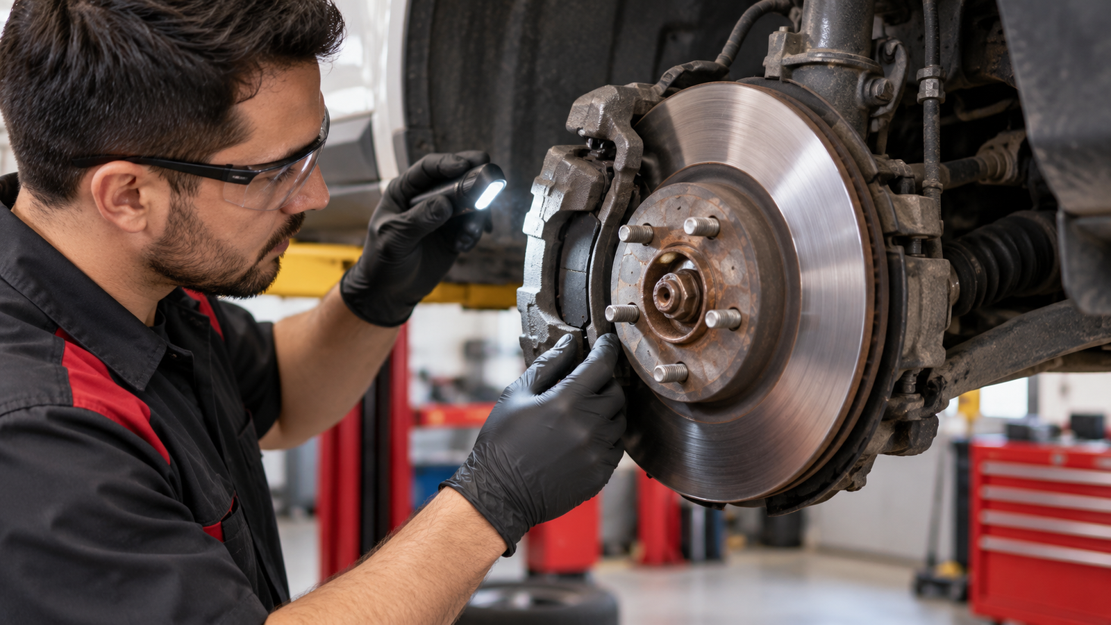 Mechanic inspecting a brake disc